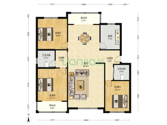 第二人民医院家属区 3室1厅2卫 141平方