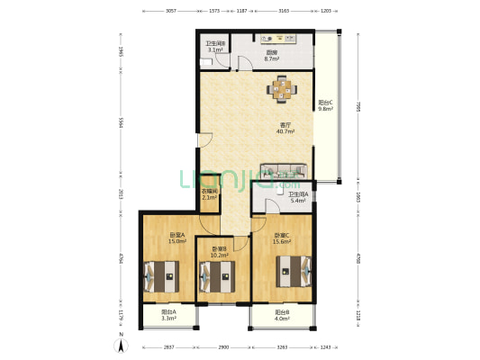 昆明公寓 3室1厅2卫 160平方