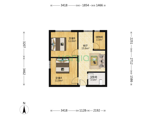 坚果公寓 2室1厅1卫 70平方