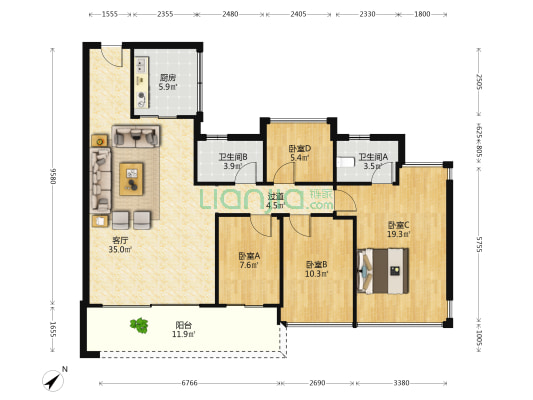 中海松湖云锦 4室1厅2卫 129平方