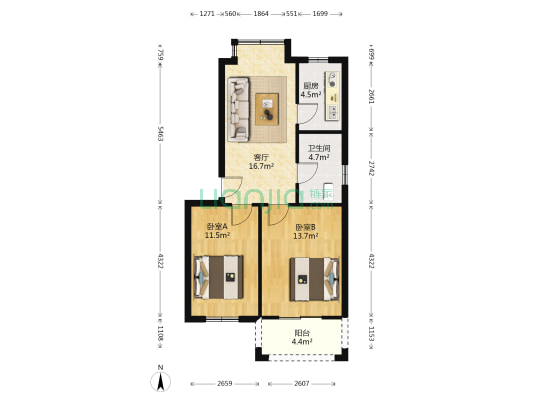 天城园林居 2室1厅1卫 63平方