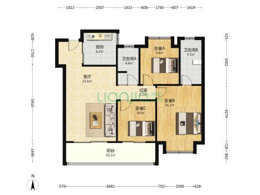 星耀都荟花园A区 3室1厅2卫 117平方