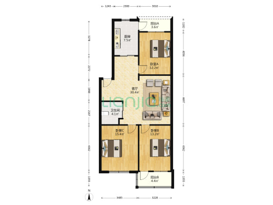 海宫楼 3室1厅1卫 115平方