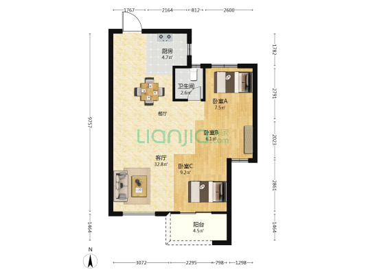 大东海晋棠府二期B区 3室1厅1卫 90平方