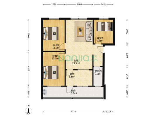 八三零大院 3室2厅1卫 80平方