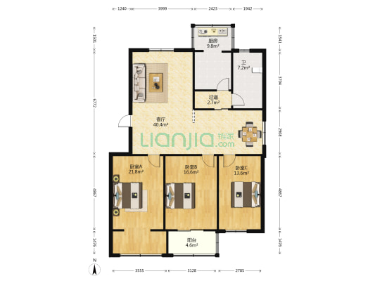 海通园 3室1厅1卫 139平方