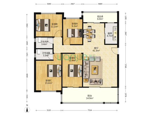 碧桂园颍州府清涟苑 4室1厅2卫 144平方