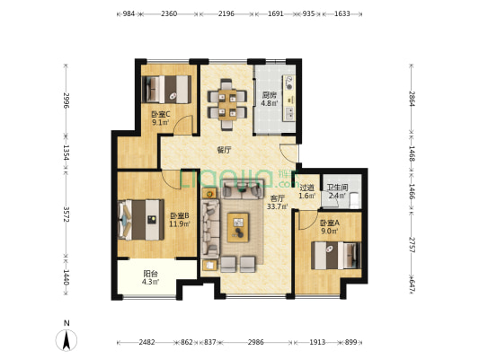 蓝湖庭 3室1厅1卫 98平方