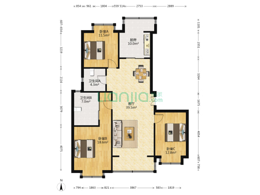 凯旋花园 3室1厅2卫 138平方