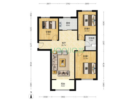 ：此房是精装修，南北通透三居。可拎包入住。-户型图