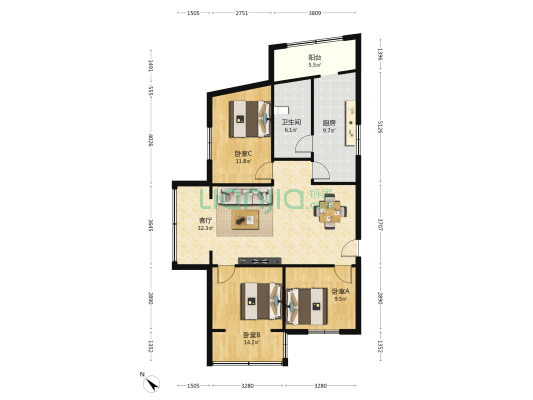 一环路南四段32号 3室1厅1卫 99平方