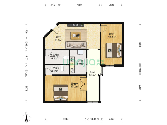 金龙小区(莲湖) 2室1厅2卫 80平方