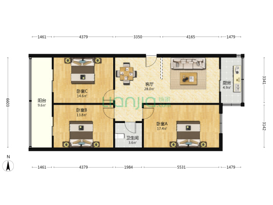 卧龙巷四号院 3室1厅1卫 113平方