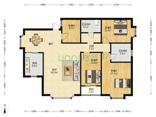 金泽花园 4室1厅2卫 134平方