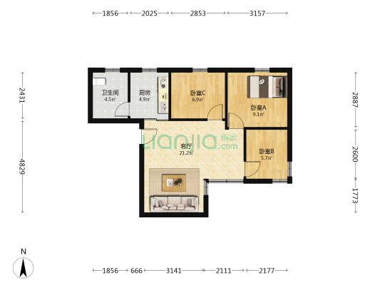 黄岐花园 3室1厅1卫 66平方