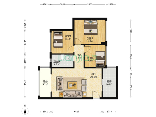 三佳悦都 3室1厅1卫 88平方