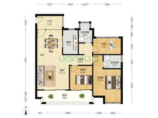 长江镇锦园 3室1厅2卫 119平方