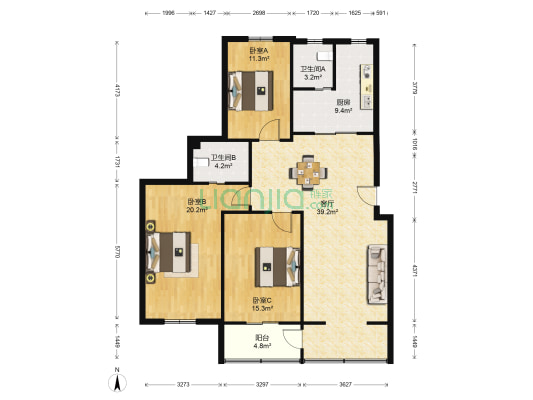 天海华庭 3室1厅2卫 131平方