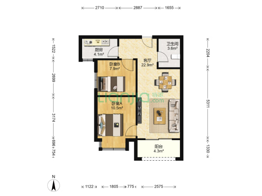 辰宇世纪城 2室1厅1卫 80平方