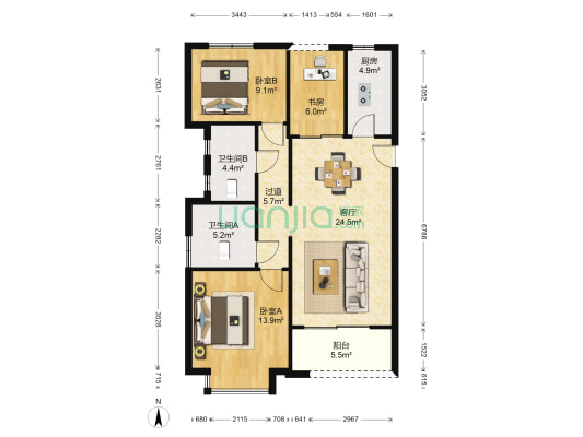 洋湖style 3室1厅2卫 103平方
