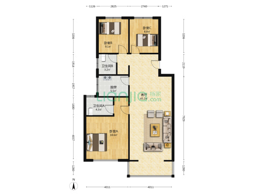 盛华园 3室1厅2卫 116平方
