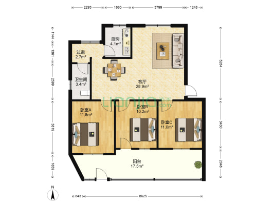 紫金阁化纤厂宿舍 3室1厅1卫 89平方