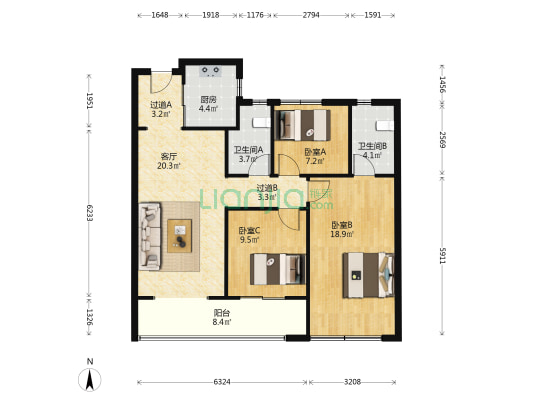 湖印光年府 3室1厅2卫 105平方