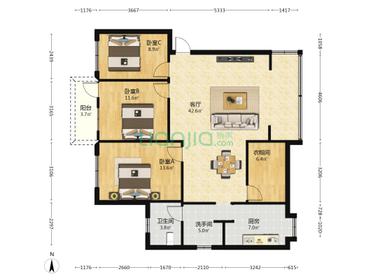 思贤路绿塘里3号 3室1厅2卫 108平方