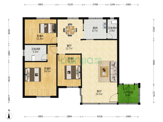 南郊市场 3室2厅2卫 124平方
