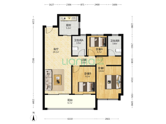 中海观山樾 3室1厅2卫 107平方