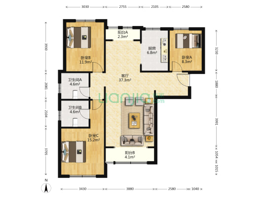 东岸彩苑 3室1厅2卫 130平方