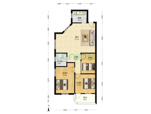 松园里小区 3室1厅1卫 91平方