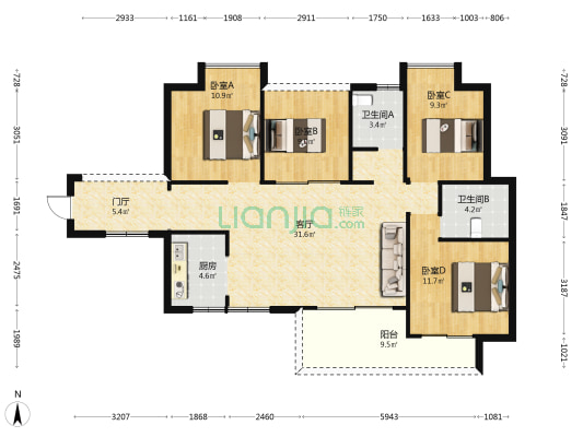 澳星大厦 4室1厅2卫 121平方