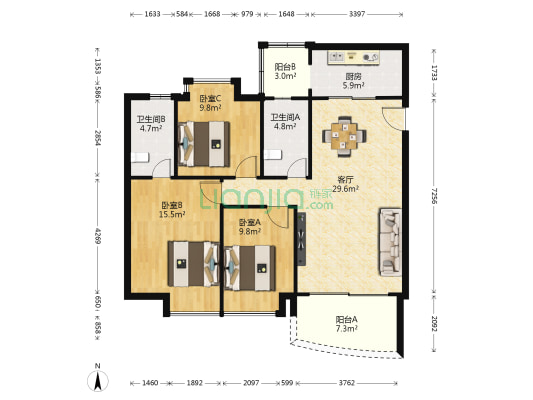 森语星园 3室1厅2卫 115平方