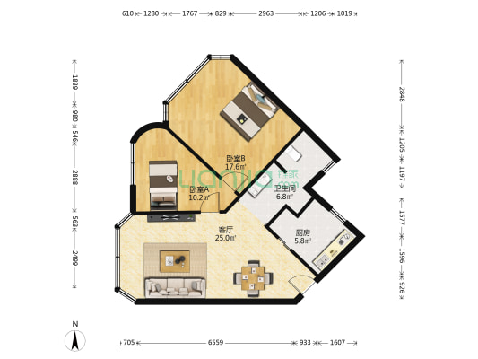 共和大厦(公寓) 2室1厅1卫 88平方