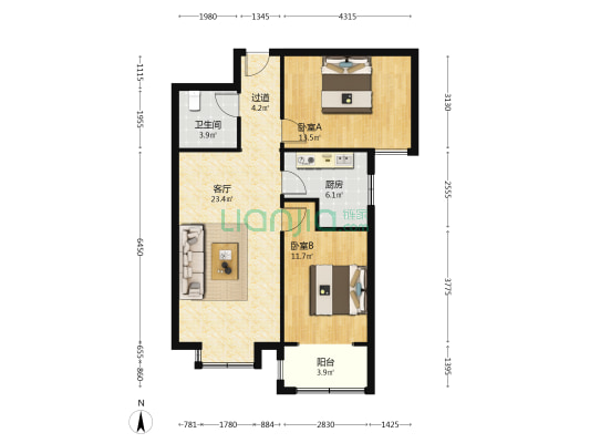 瓮村鑫苑西区 2室1厅1卫 92平方