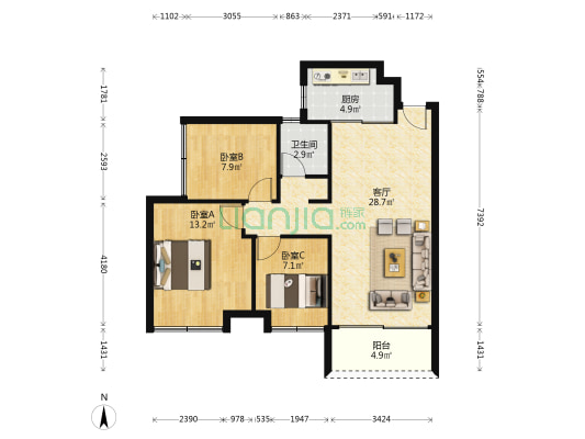 万科城市之光F区 3室1厅1卫 89平方