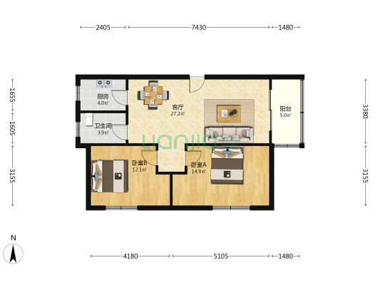 雅苑花园 2室1厅1卫 87平方