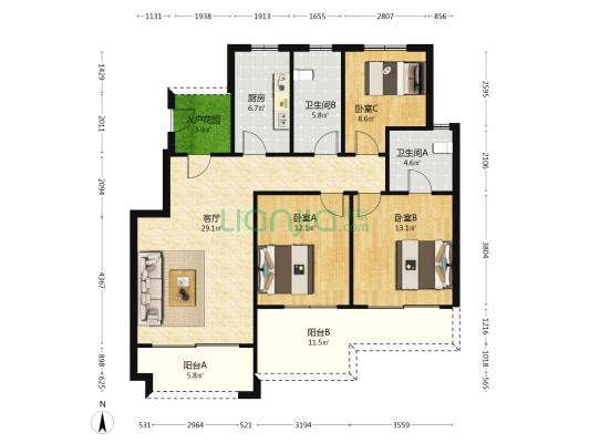 东河苑 3室1厅2卫 108平方