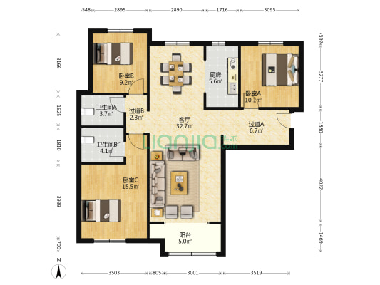胶东国际机场拆迁安置房 3室1厅2卫 120平方