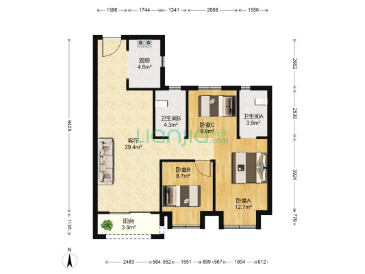远洋万和四季 3室1厅2卫 103平方