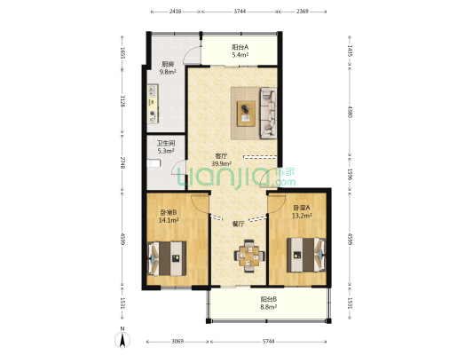 丰产路45号院 2室1厅1卫 103平方