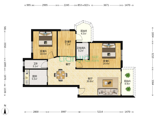 金菊花园 3室1厅2卫 100平方