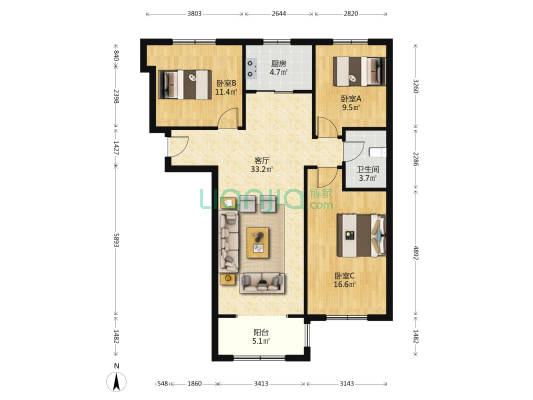 牛津花园南北通透三居室，可贷款，现房，毛坯-户型图