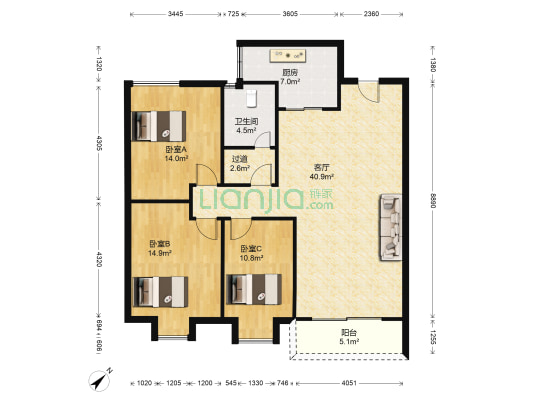 翔锦花园 3室1厅1卫 121平方