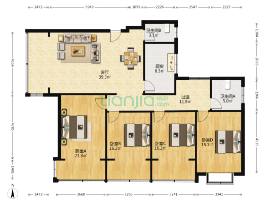 三年千院41号 4室1厅2卫 158平方