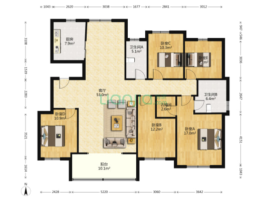美的梧桐庄园一期北区 5室1厅2卫 158平方