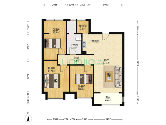 山水龙城山湖郡 3室1厅1卫 90平方