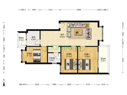 韩滩河湾小区 3室1厅1卫 92平方
