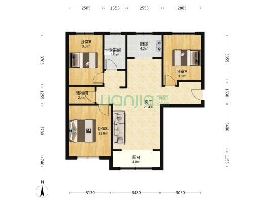 印象城1号楼，南北三居室，毛坯随心装-户型图